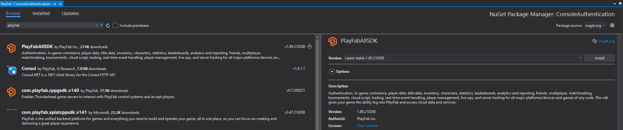 Install PlayFab SDK with NuGet Package